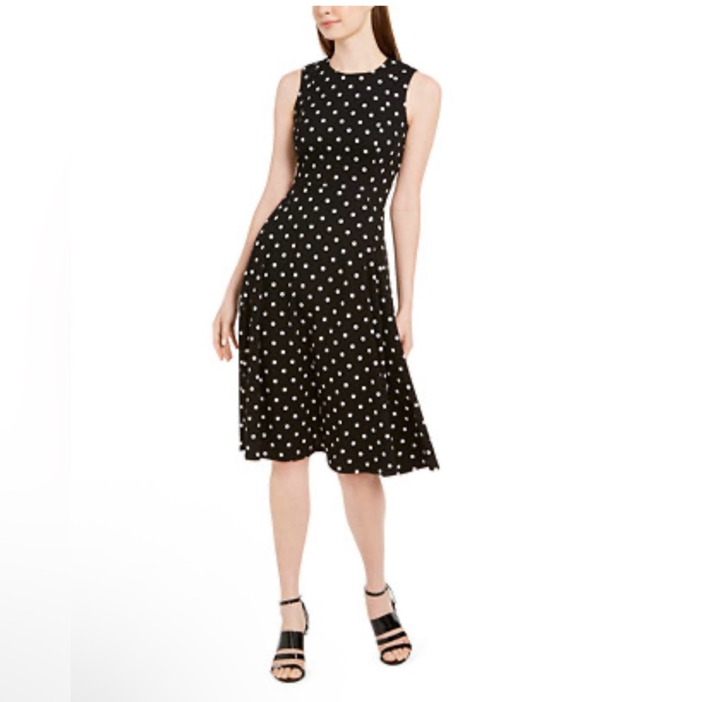 Calvin Klein Polka Dot Dress Size 2 PETITE NWT Black And White Knee Length Class